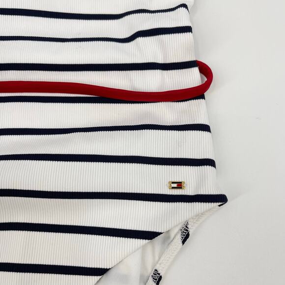 Tommy Hilfiger | NWT The Sofia Capsule Bandeau Belted Swimsuit Navy White Stripe - Picture 12 of 15